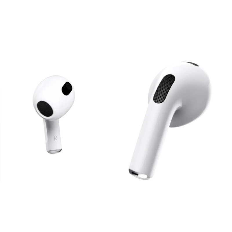 هدفون بلوتوثی اپل مدل AirPods 3 با نویز کنسلینگ میکروفون (ENC)، درگاه شارژ لایتنینگ، دارای سنسور تشخیص پوست و پشتیبانی از فرمان لمسی، مقاوم در برابر رطوبت و عرق