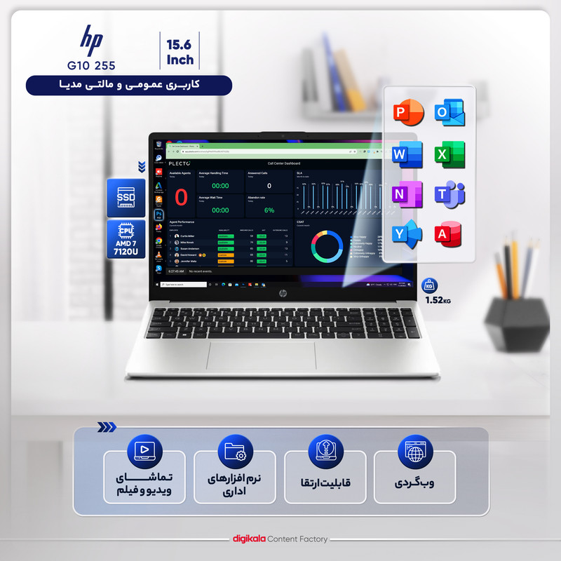لپتاپ اچ پی مدل G10 255 با پردازنده Athlon Silver 7120U، رم DDR4 8GB با فرکانس 3200MHz، حافظه SSD با ظرفیت 512GB، نمایشگر 15.6 اینچ TN با وضوح Full HD