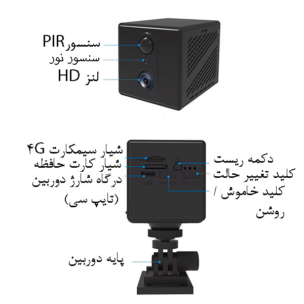 دوربین مداربسته تحت شبکه سیمکارتی مدل MG3 با لنز واید 120 درجه، رزولوشن 3 مگاپیکسل، دید در شب سیاه و سفید، باتری داخلی، ارتباط صوتی دوطرفه و سنسور تشخیص حرکت هوشمند به همراه نرمافزار OKAM-PRO