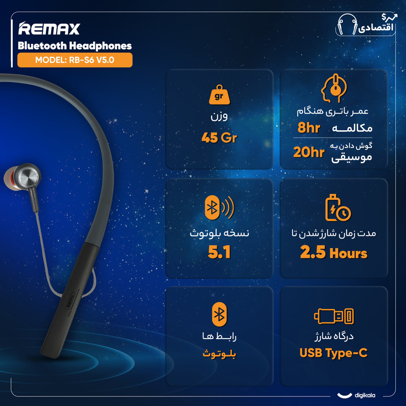 هدفون بلوتوثی ریمکس مدل RB-S1 بدون نویز کنسلینگ، درگاه شارژ USB Type-C، دارای میکروفون داخلی با قابلیت حذف نویز، مقاوم در برابر آب