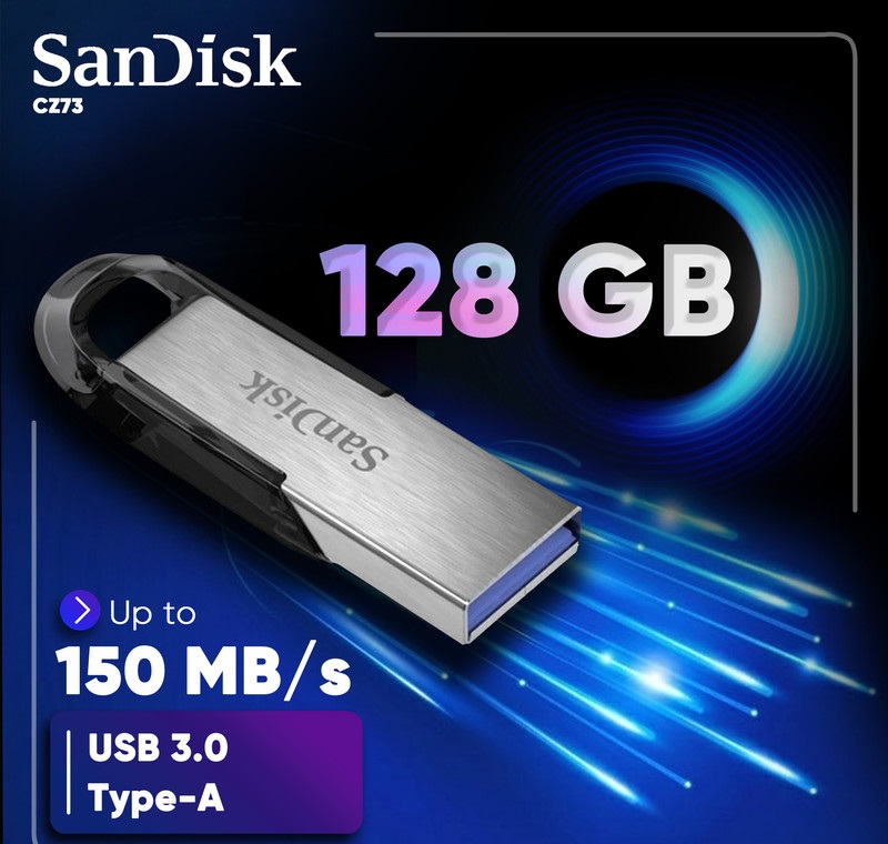 فلش مموری سندیسک مدل CZ73 ظرفیت 128 گیگابایت با بدنه فلزی، رابط USB 3.0 و سرعت انتقال 150 مگابایت بر ثانیه، سازگار با کامپیوتر، لپتاپ، گوشی و تلویزیون