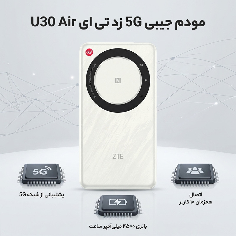 مودم جیبی 5G زد تی ای مدل U30 Air با باتری 4500 میلیآمپر ساعت، پشتیبانی از 10 کاربر همزمان، اتصال بیسیم Wi-Fi و درگاه USB Type-C برای اینترنت پرسرعت همراه